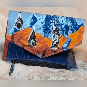 🐙😻 NWOT Min & Mon Fiona Blue Leather Wallet - Utopian Landscape - Handmade